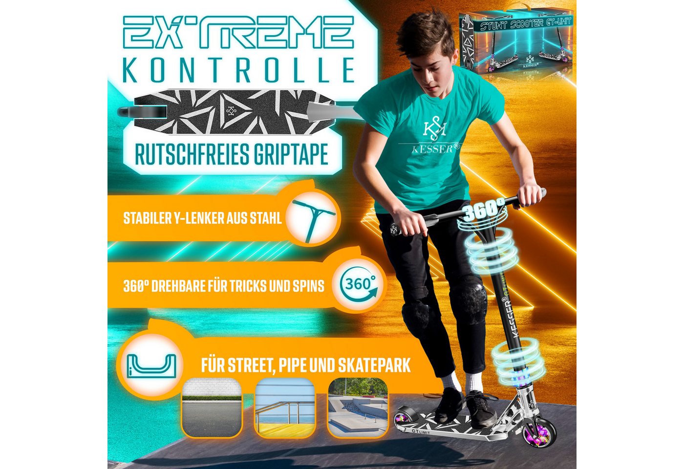 KESSER Stunt Scooter GT-Limit mit Ständer ABEC 9 110 mm PU Räder Silber