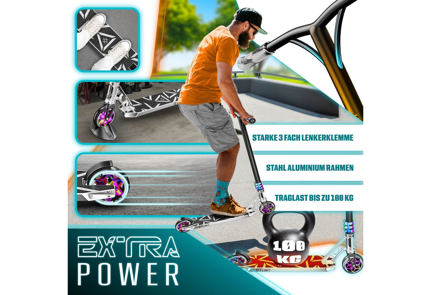 KESSER Stunt Scooter GT-Limit mit Ständer ABEC 9 110 mm PU Räder Silber Bild 3