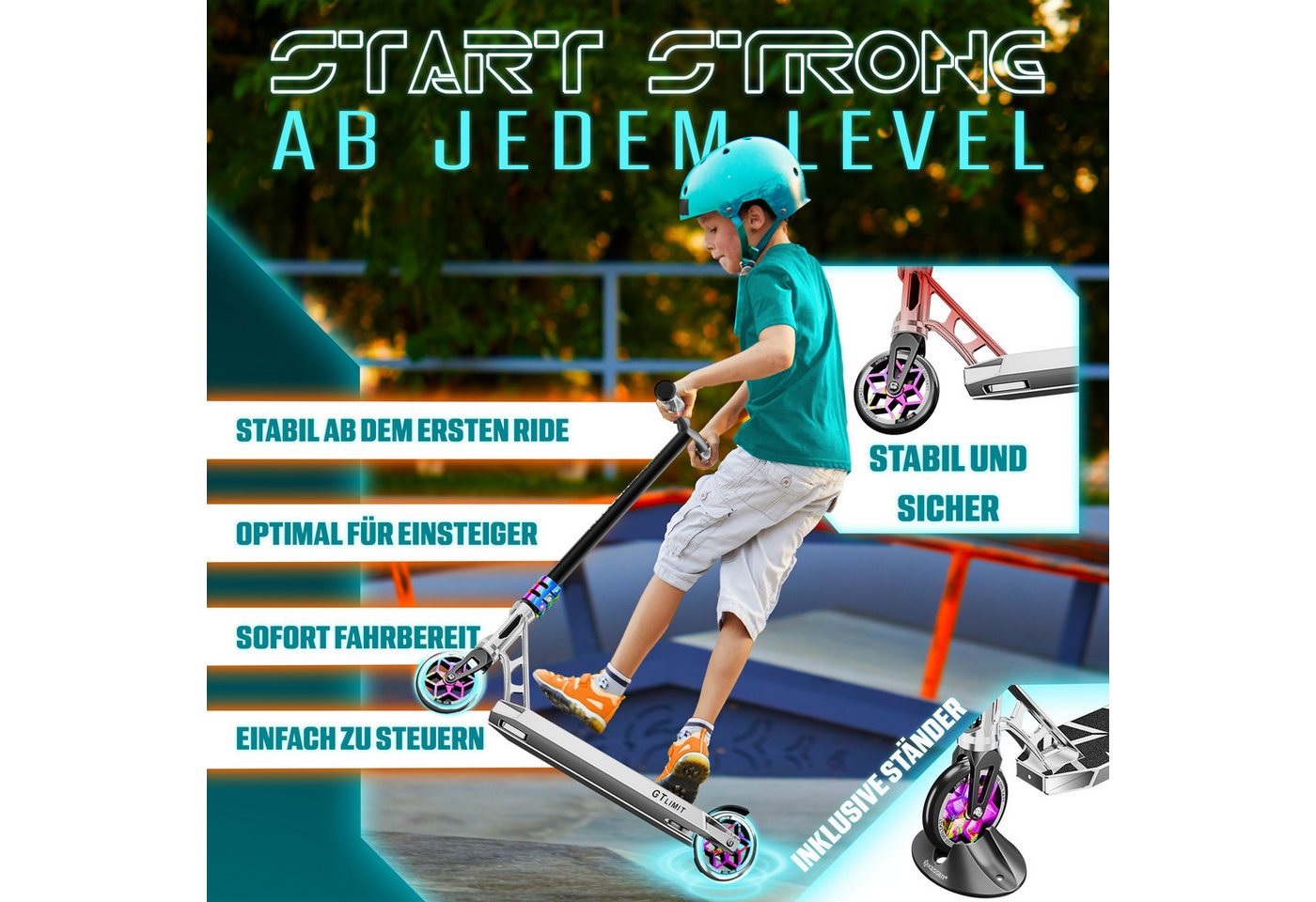 KESSER Stunt Scooter GT-Limit mit Ständer ABEC 9 110 mm PU Räder Silber Bild 4