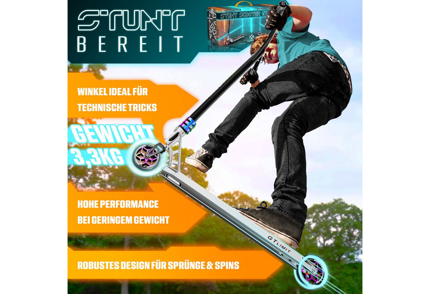 KESSER Stunt Scooter GT-Limit mit Ständer ABEC 9 110 mm PU Räder Silber Bild 5