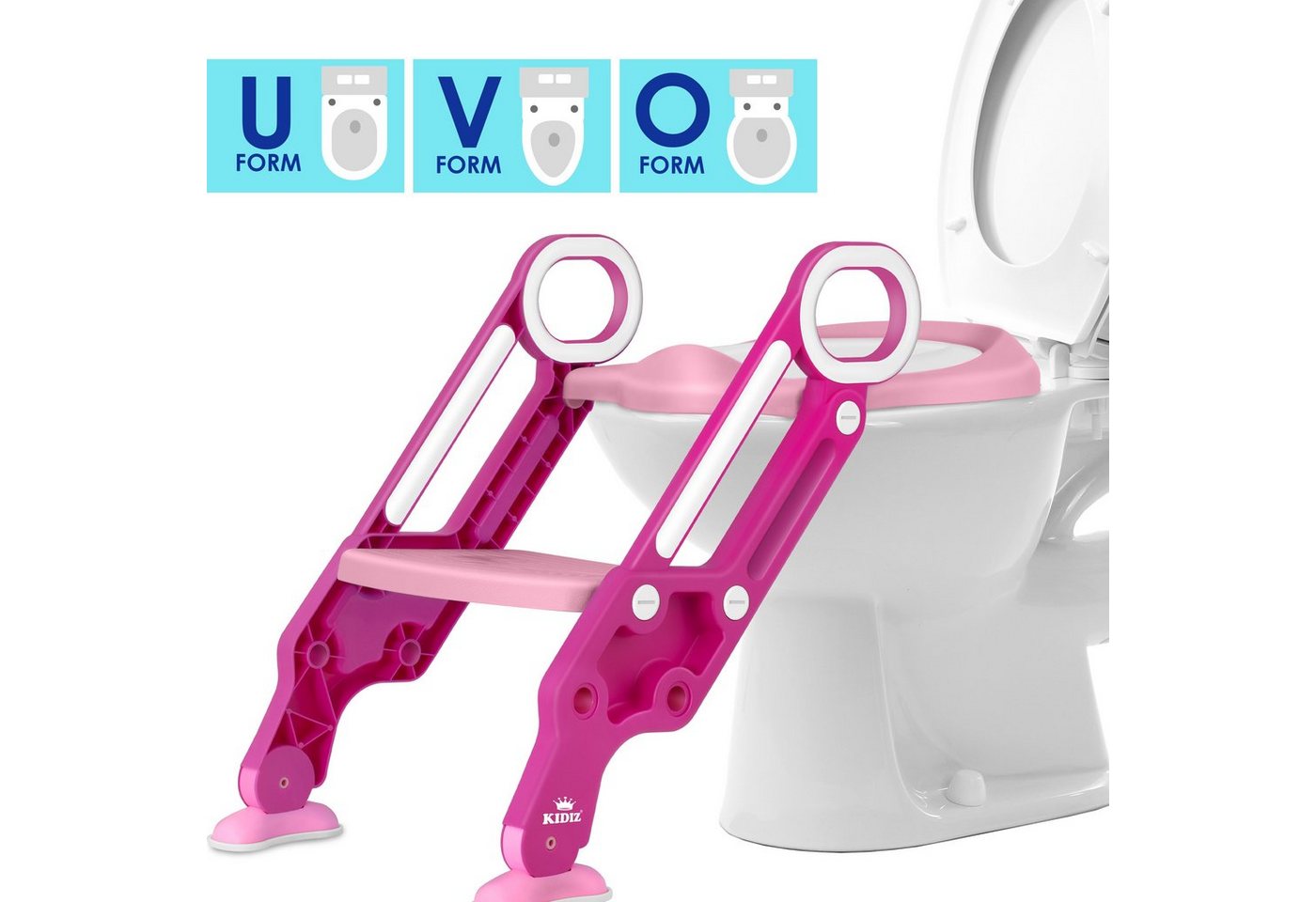 KIDIZ Kinder Toilettensitz Toilettentrainer mit Treppe und Griffen Pink Bild 3