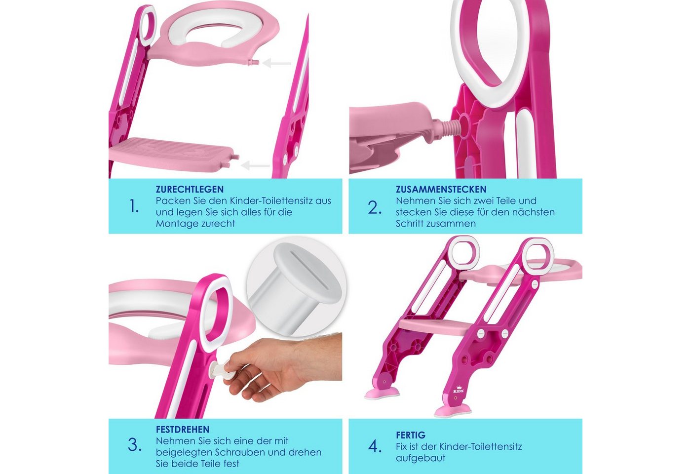 KIDIZ Kinder Toilettensitz Toilettentrainer mit Treppe und Griffen Pink Bild 4