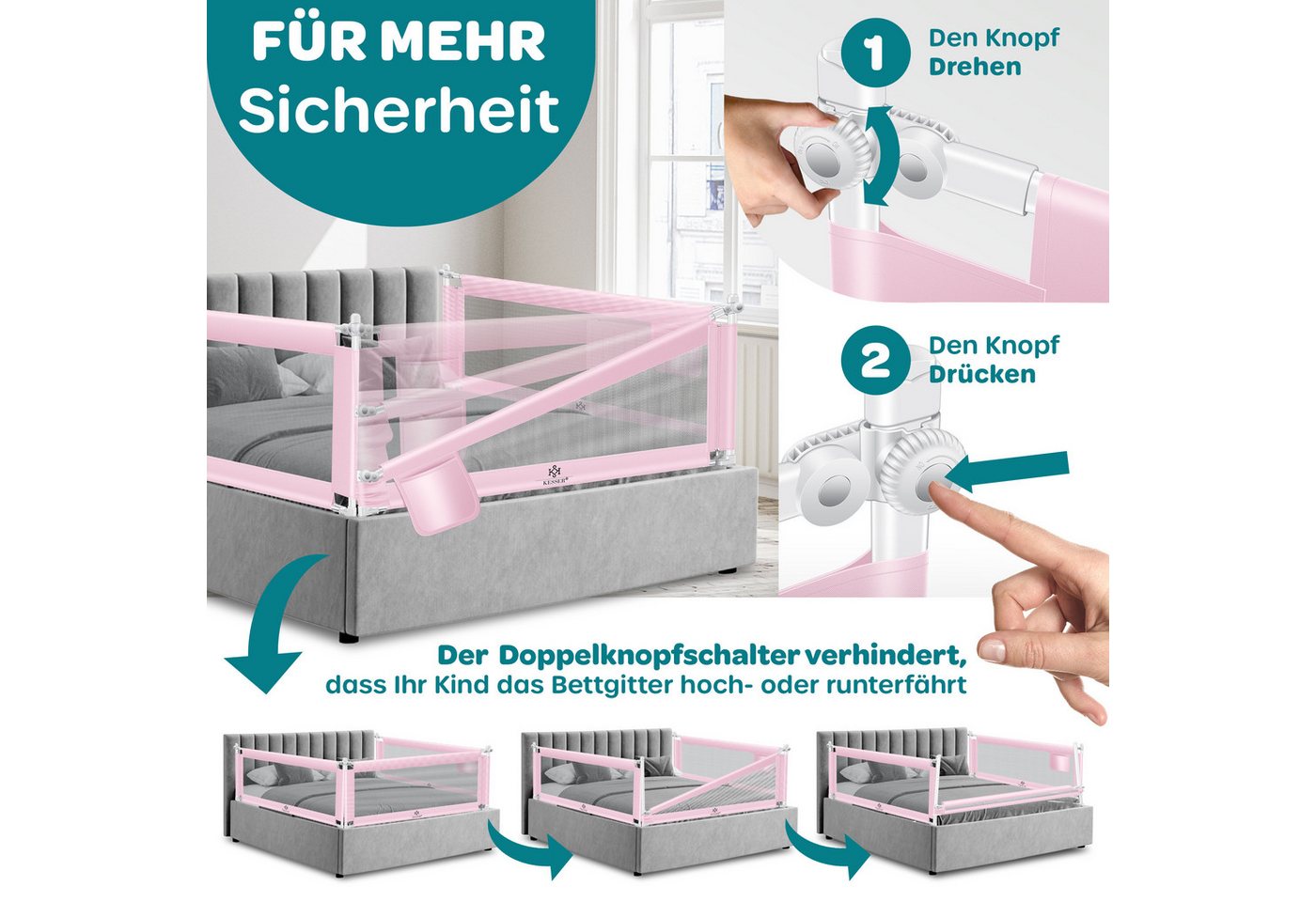 KESSER Bettschutzgitter für Kinder Klappbar Länge 150 cm Rosa