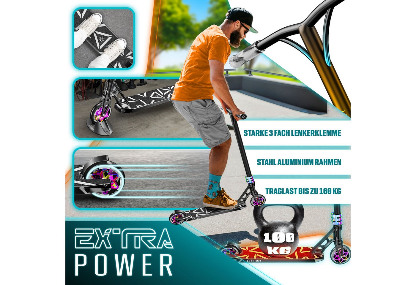 KESSER Stunt Scooter GT-Limit mit Ständer ABEC 9 110 mm PU Räder Schwarz Rainbow