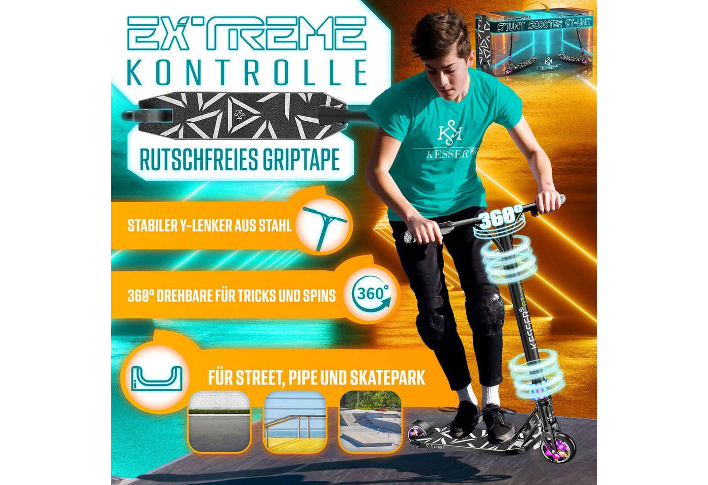 KESSER Stunt Scooter GT-Limit mit Ständer ABEC 9 110 mm PU Räder Schwarz Rainbow Bild 2