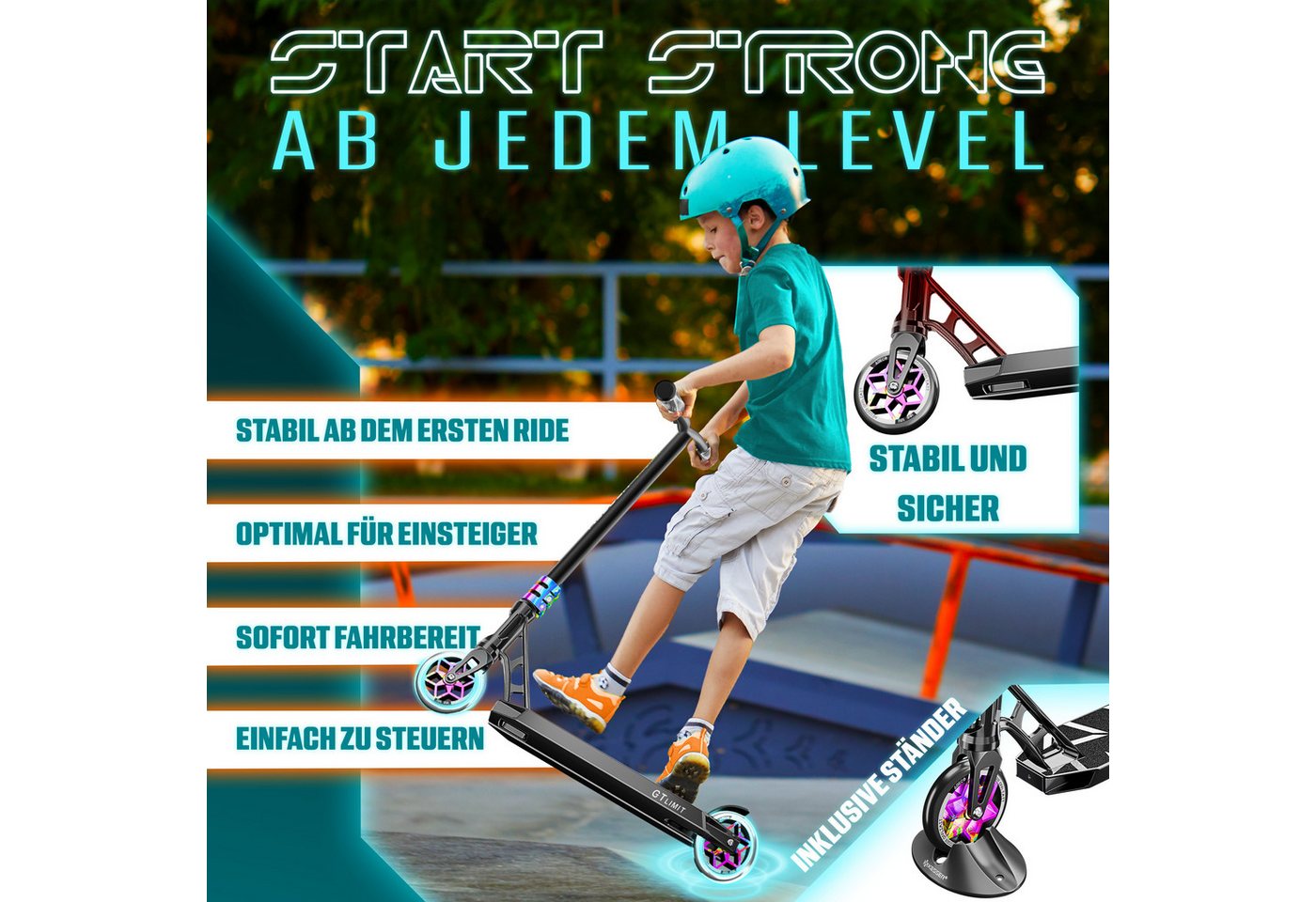 KESSER Stunt Scooter GT-Limit mit Ständer ABEC 9 110 mm PU Räder Schwarz Rainbow Bild 4