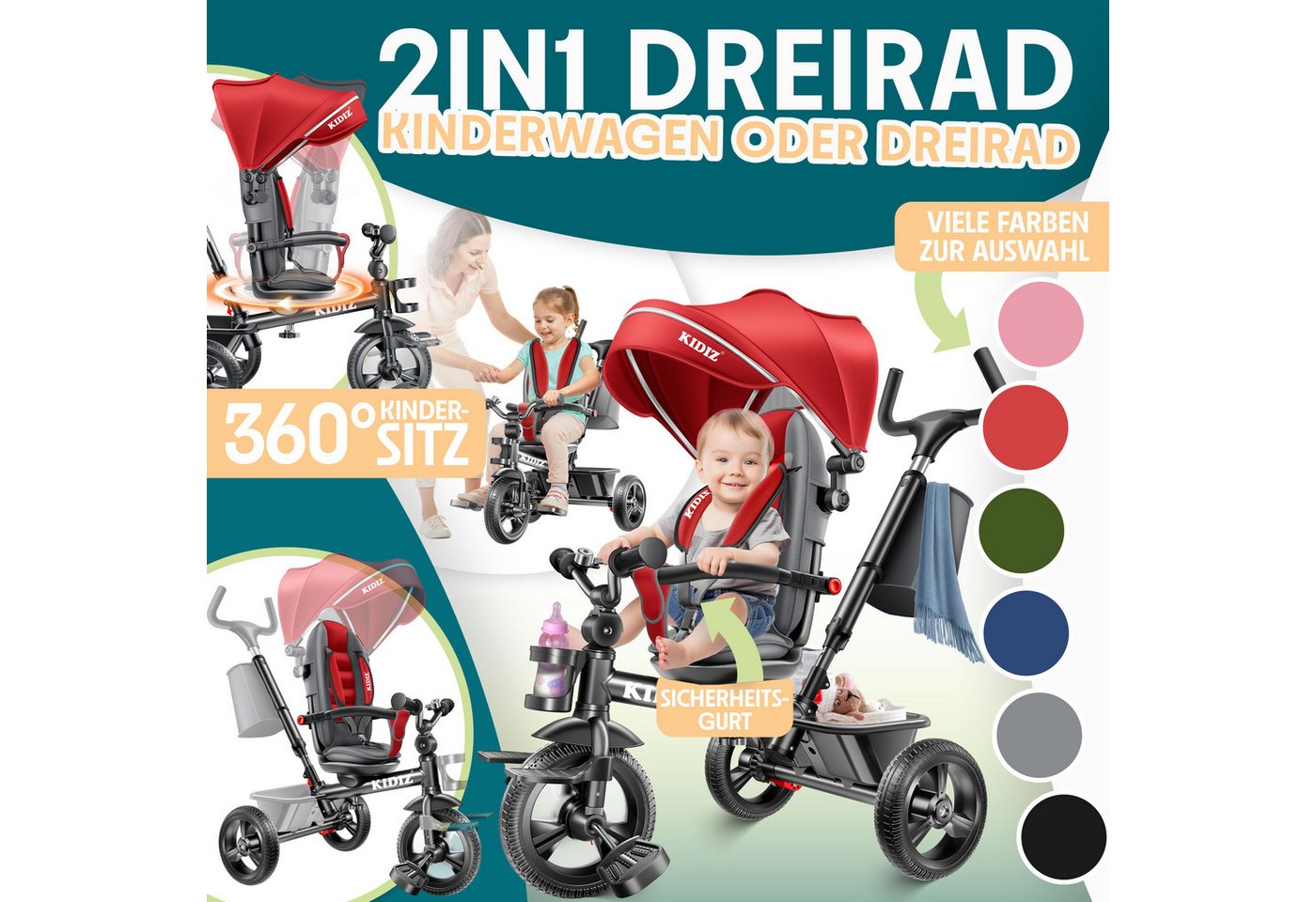 KIDIZ Dreirad 5in1 Kinderdreirad mit Schubstange und Korb Ab 1 Jahr Rot Bild 2