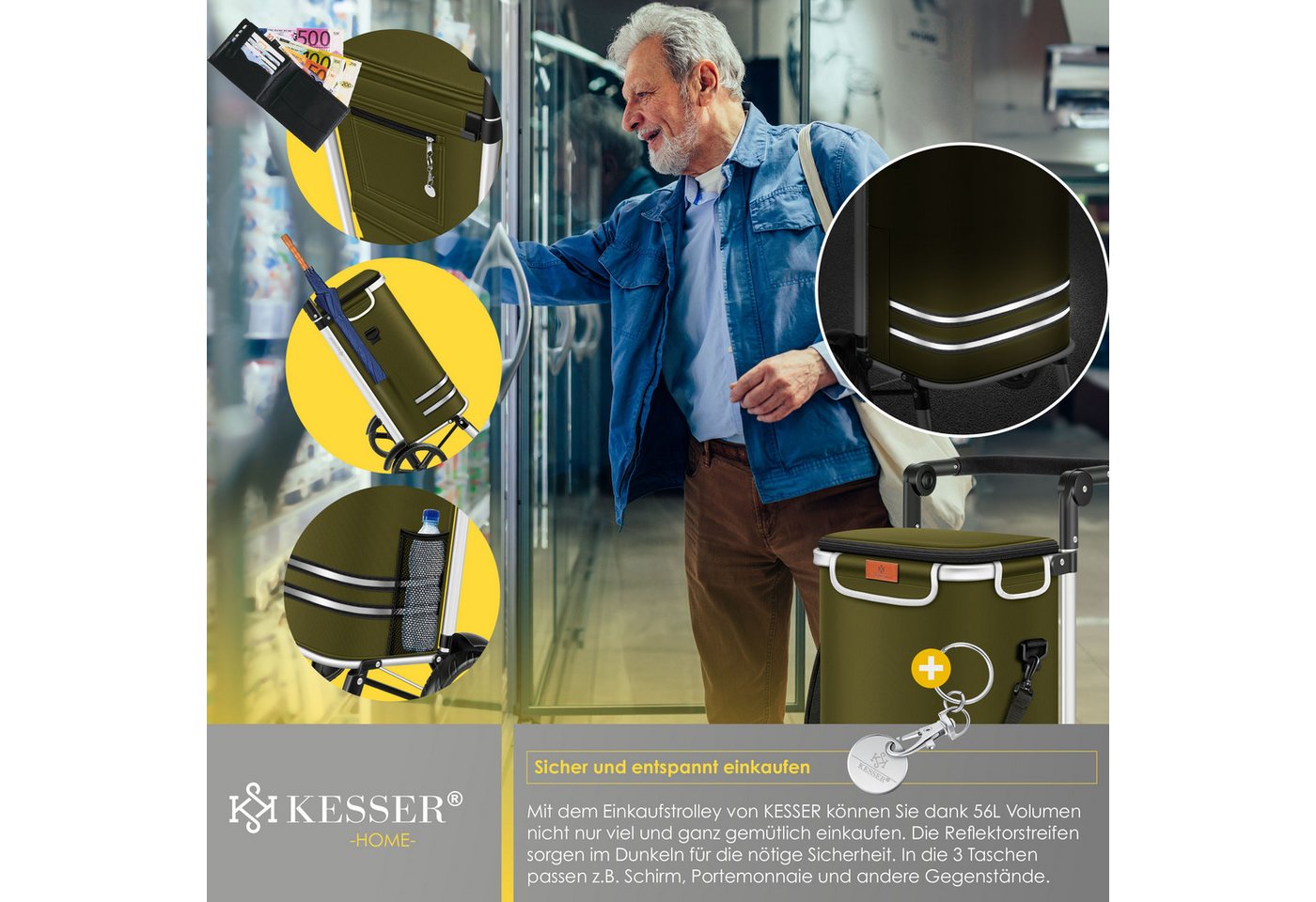 KESSER Einkaufstrolley Klappbar 56, Volumen Belastbar Bis 50 kg Khaki