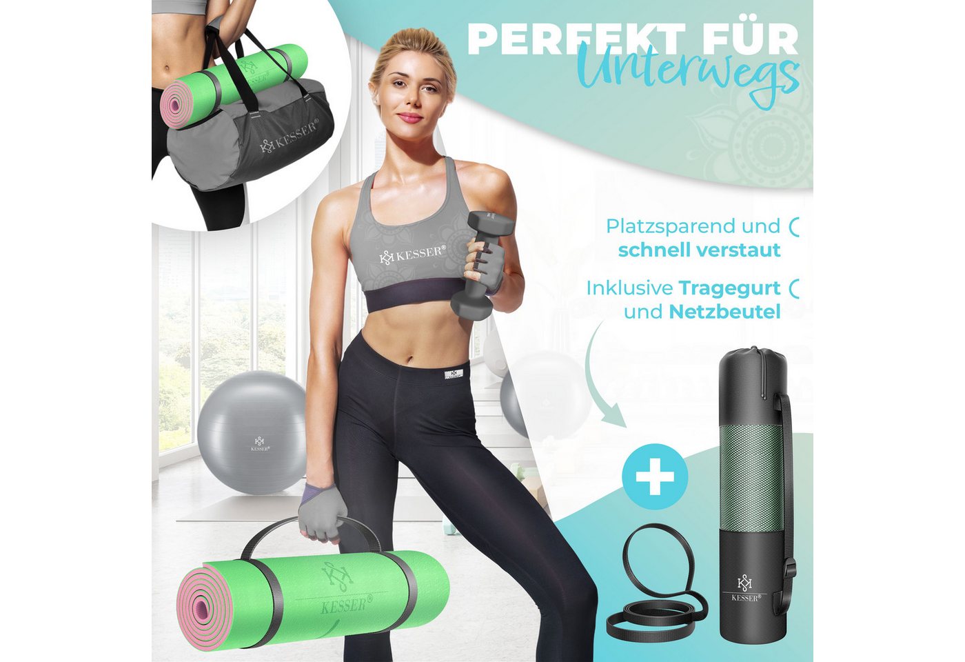 KESSER Gymnastikmatte TPE Rutschfest Größe 183 x 61 cm Farbe Mint Rose Bild 2