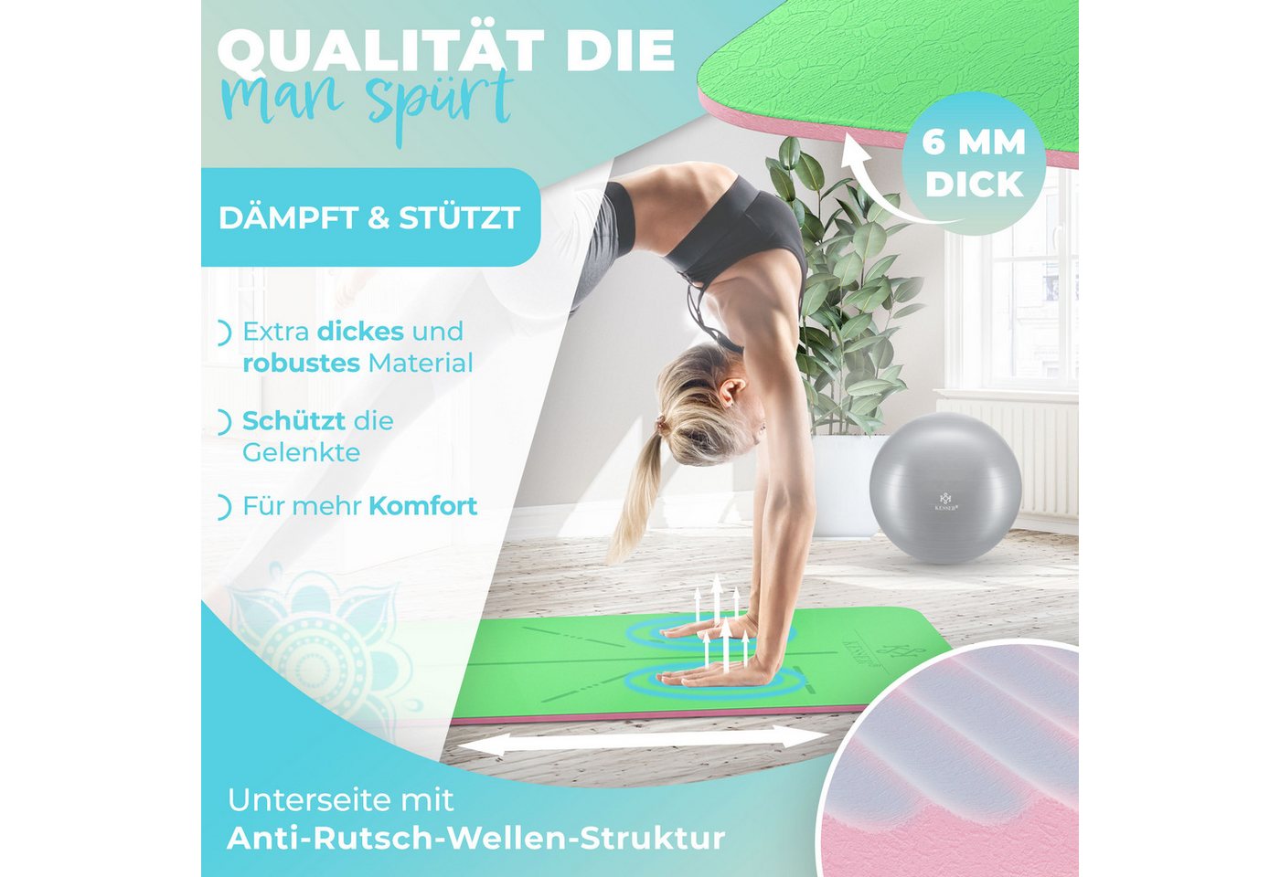 KESSER Gymnastikmatte TPE Rutschfest Größe 183 x 61 cm Farbe Mint Rose Bild 3