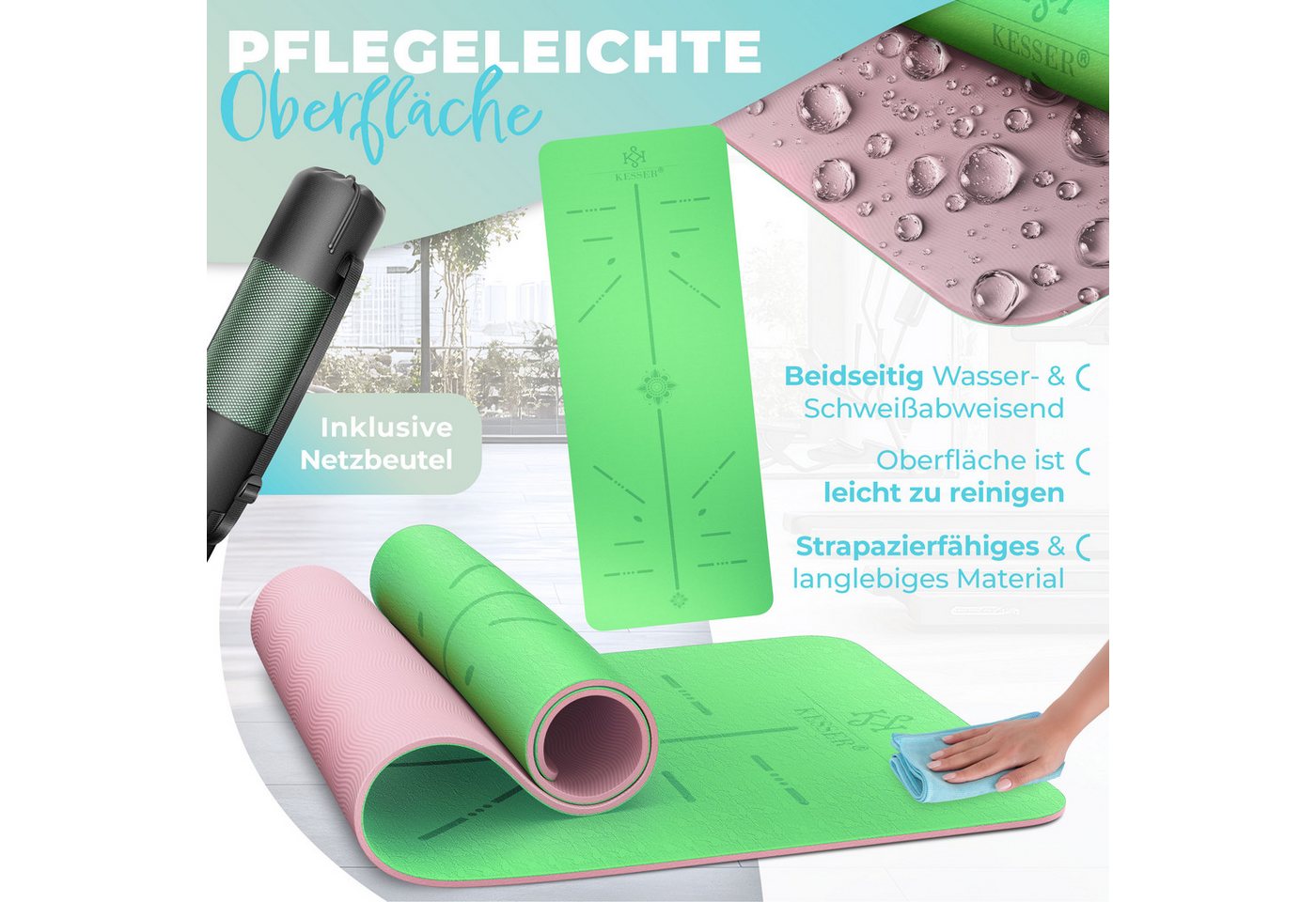 KESSER Gymnastikmatte TPE Rutschfest Größe 183 x 61 cm Farbe Mint Rose Bild 4