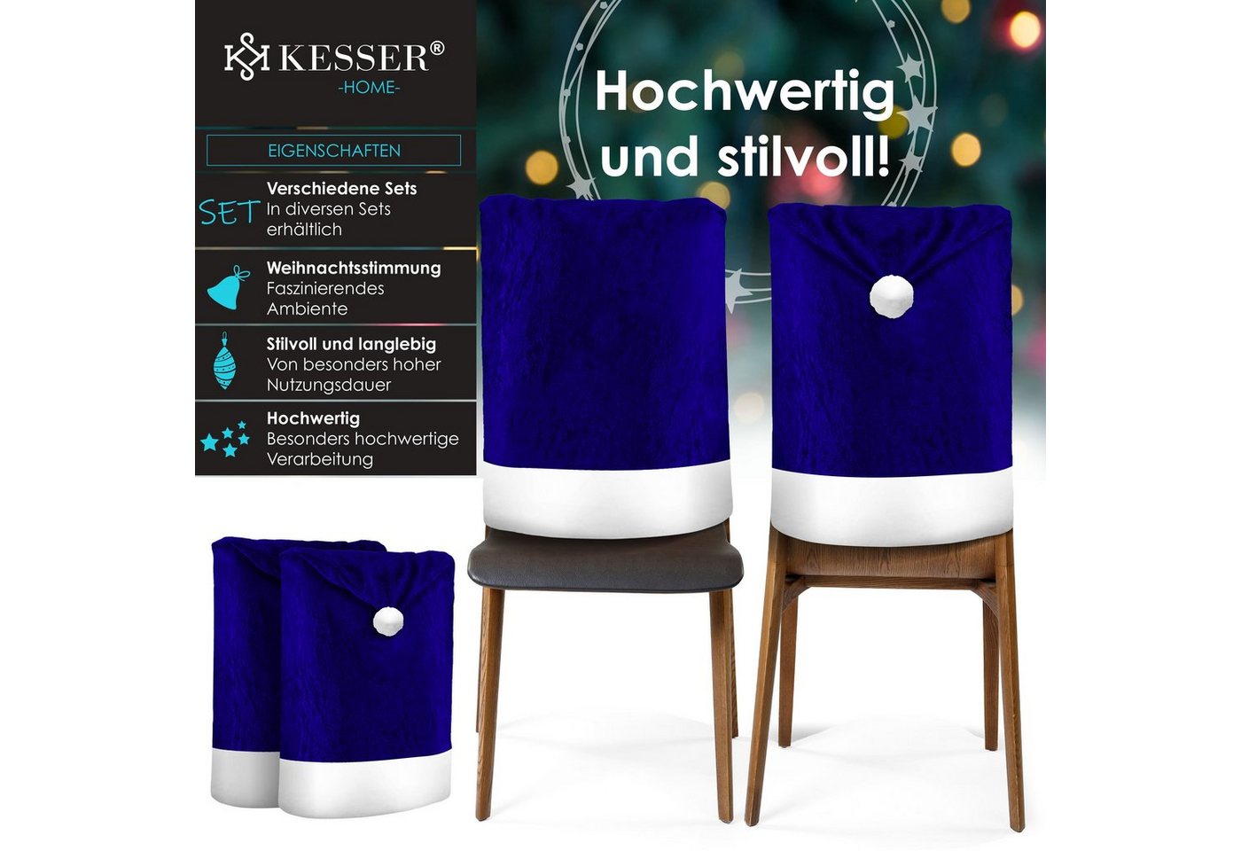 KESSER Weihnachtsstuhlüberzüge Set Motiv Weihnachtsmütze Blau Weiß 4 Stück
