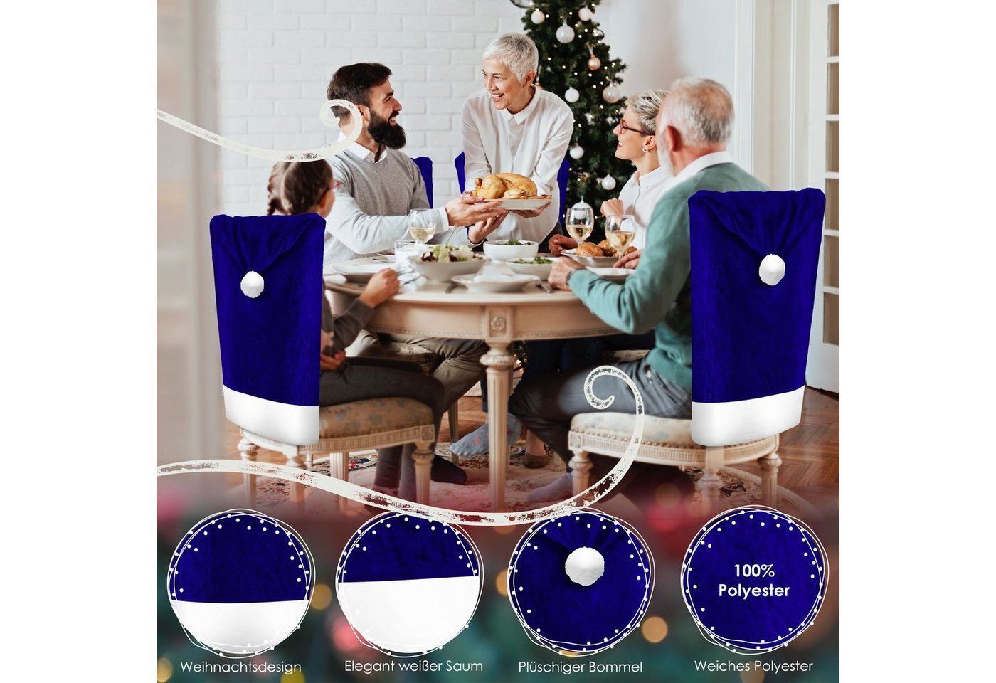 KESSER Weihnachtsstuhlüberzüge Set Motiv Weihnachtsmütze Blau Weiß 4 Stück Bild 2