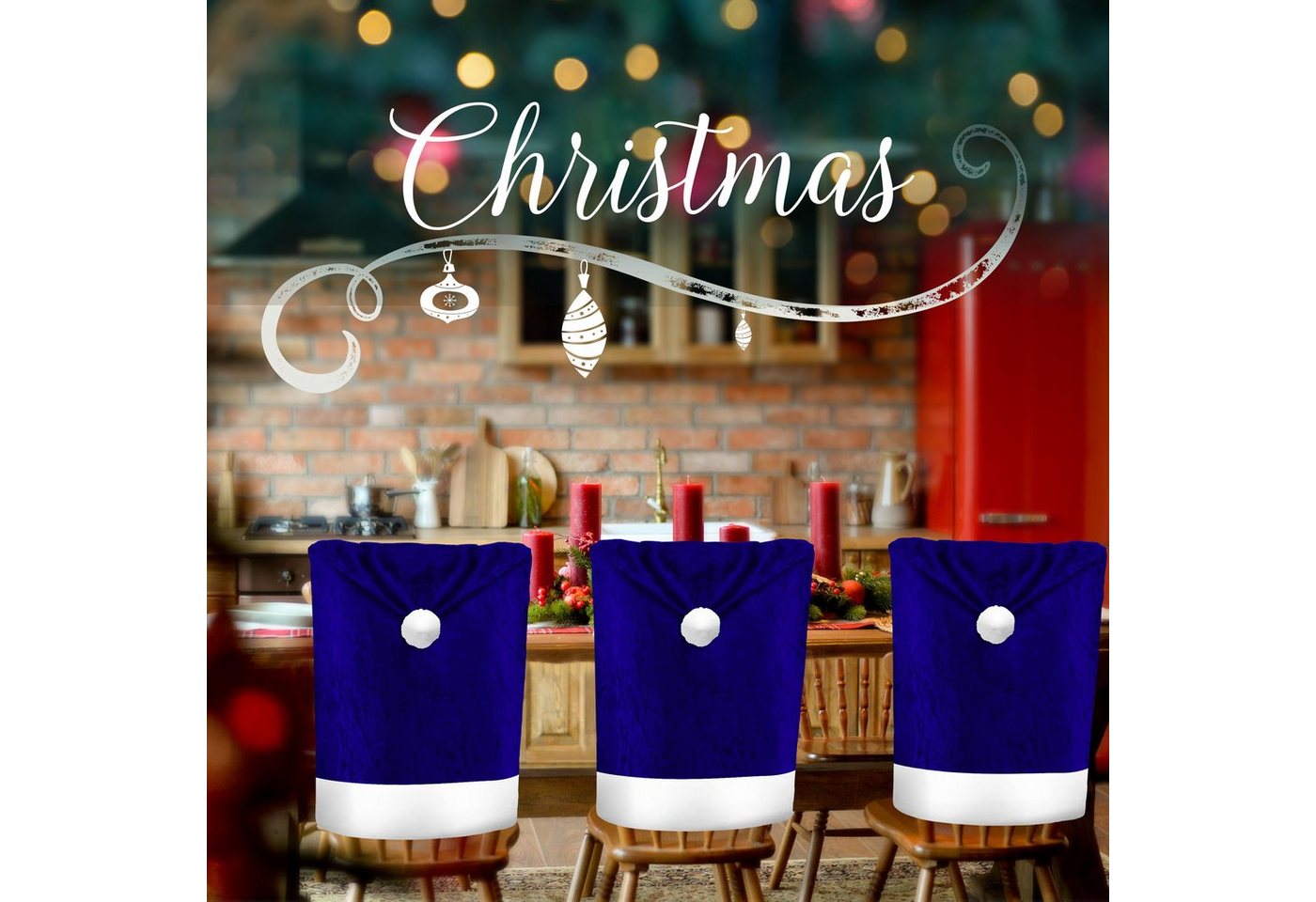 KESSER Weihnachtsstuhlüberzüge Set Motiv Weihnachtsmütze Blau Weiß 4 Stück Bild 3