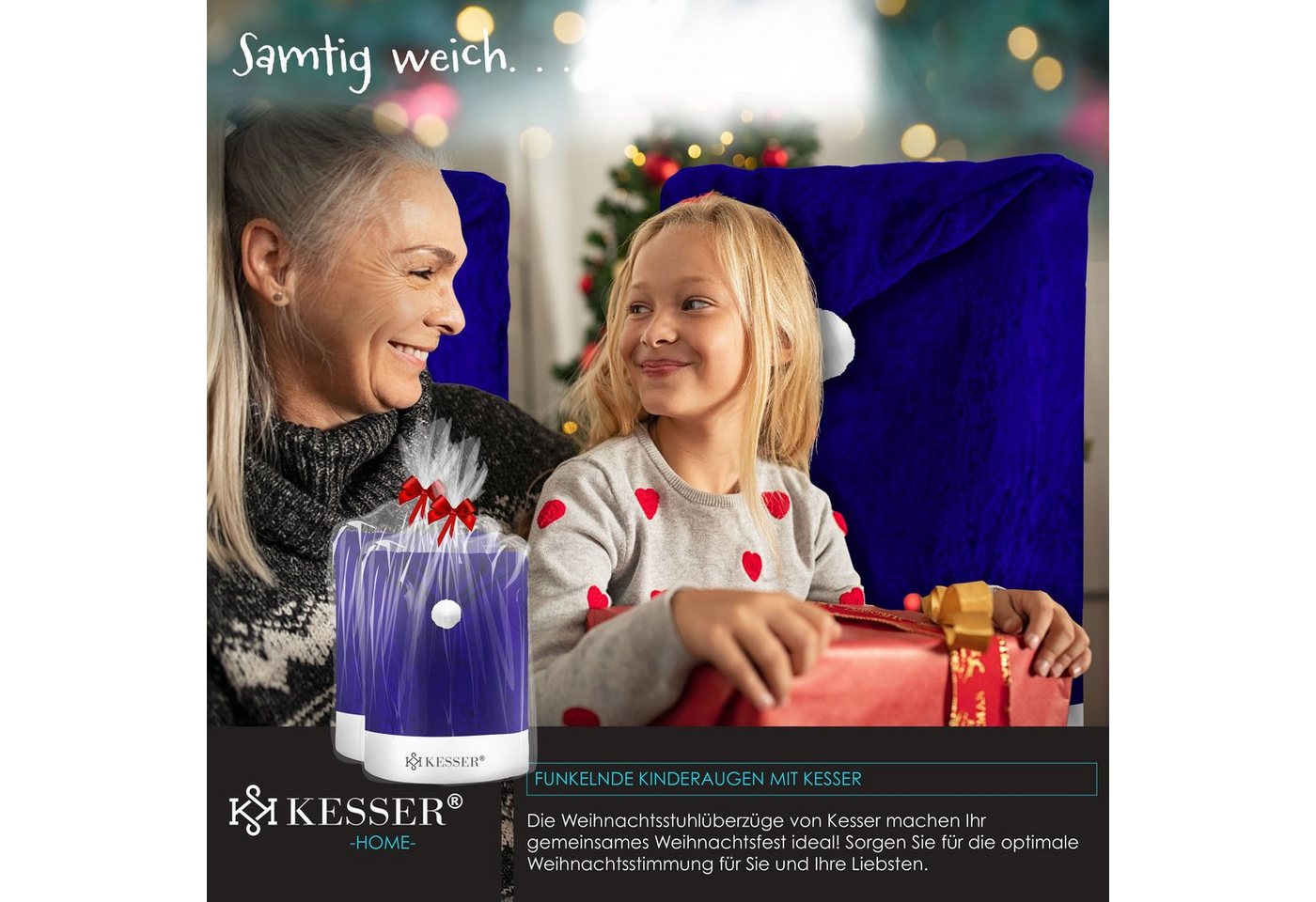 KESSER Weihnachtsstuhlüberzüge Set Motiv Weihnachtsmütze Blau Weiß 4 Stück Bild 4