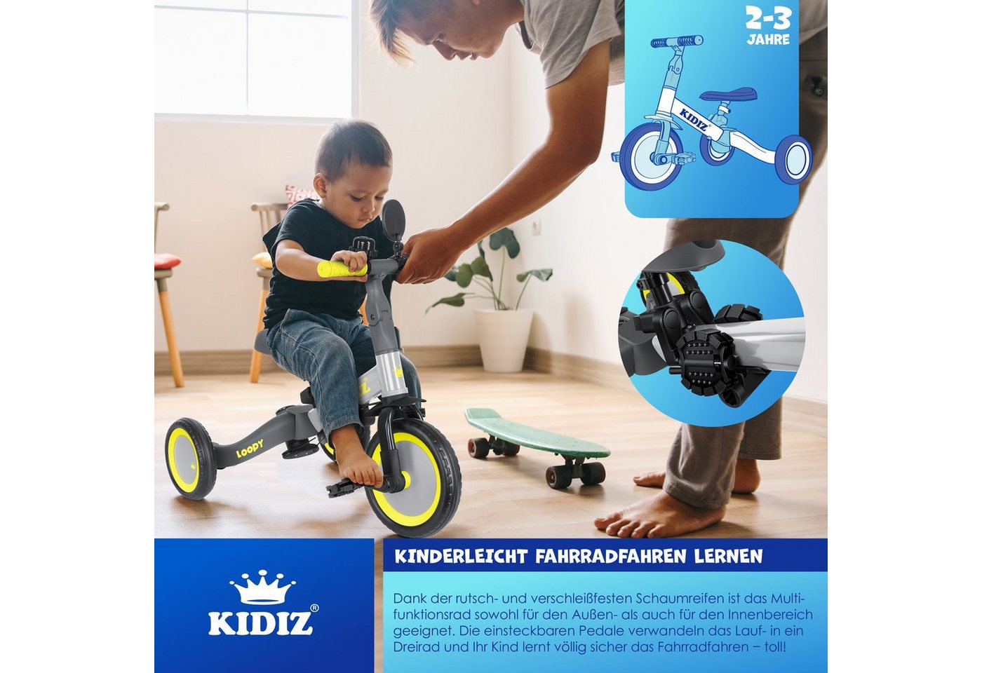 KIDIZ Laufrad Dreirad 6in1 Bis 25 kg mit Sicherheitsbügel Grau Bild 4