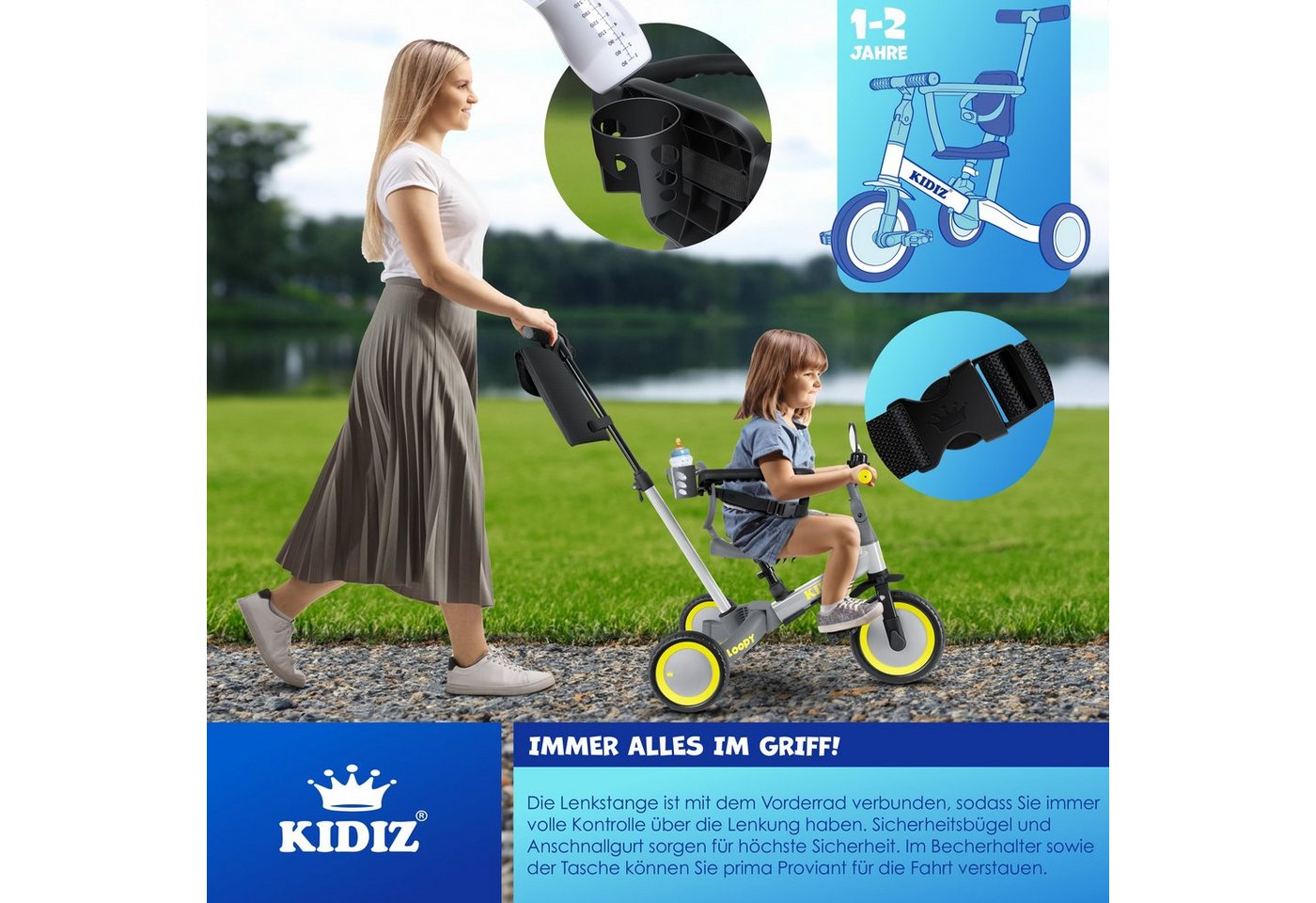 KIDIZ Laufrad Dreirad 6in1 Bis 25 kg mit Sicherheitsbügel Grau Bild 5