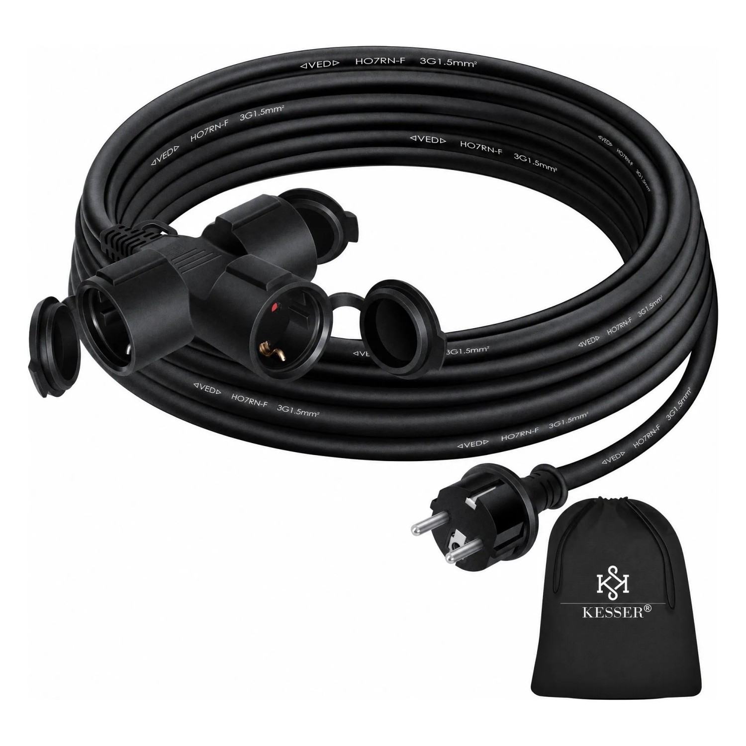 KESSER Verlängerungskabel Outdoor 230 V IP44 Länge 15 m Schwarz mit Verteiler