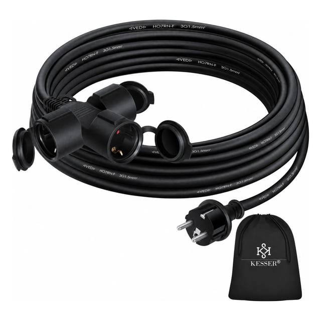 KESSER Verlängerungskabel Outdoor 230 V IP44 Länge 15 m Schwarz mit Verteiler