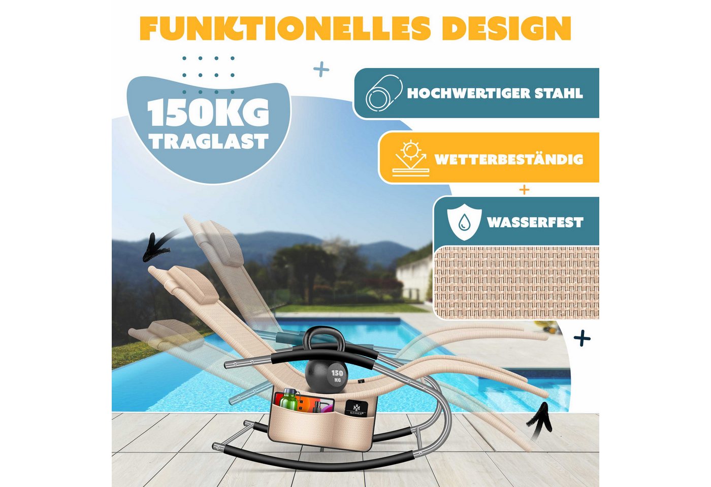 KESSER Sonnenliege Klappbar Ergonomisch Belastbarkeit 150 kg Beige