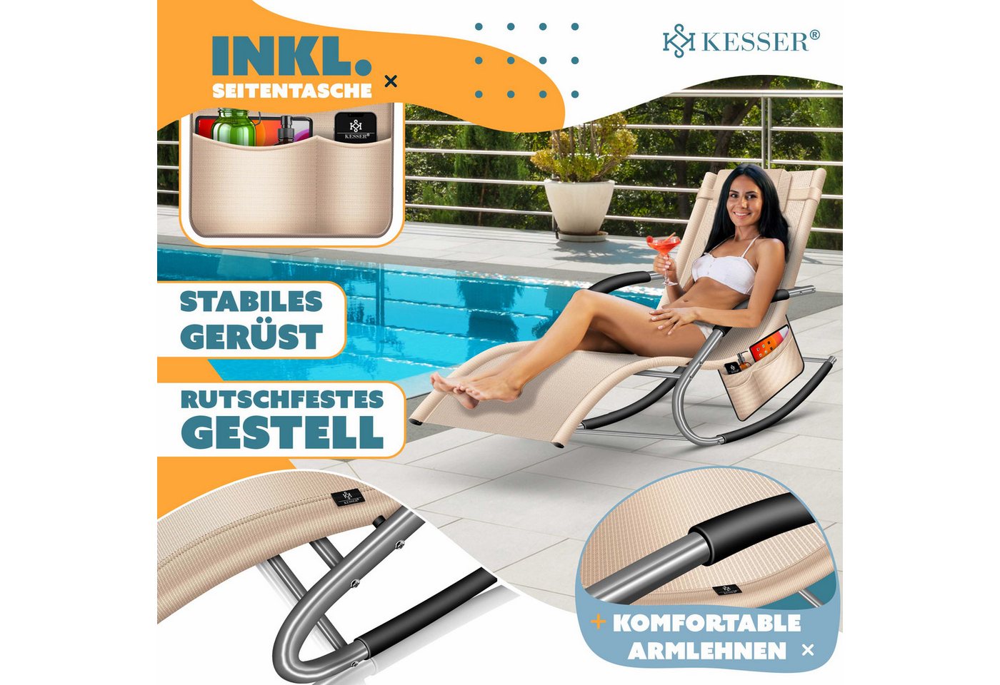 KESSER Sonnenliege Klappbar Ergonomisch Belastbarkeit 150 kg Beige Bild 3