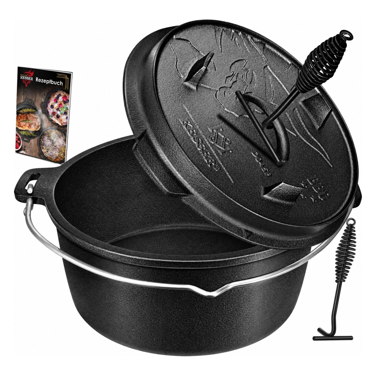 KESSER Dutch Oven Set Gusseisen mit Deckel DO6P 7.3, Schwarz mit Füßen