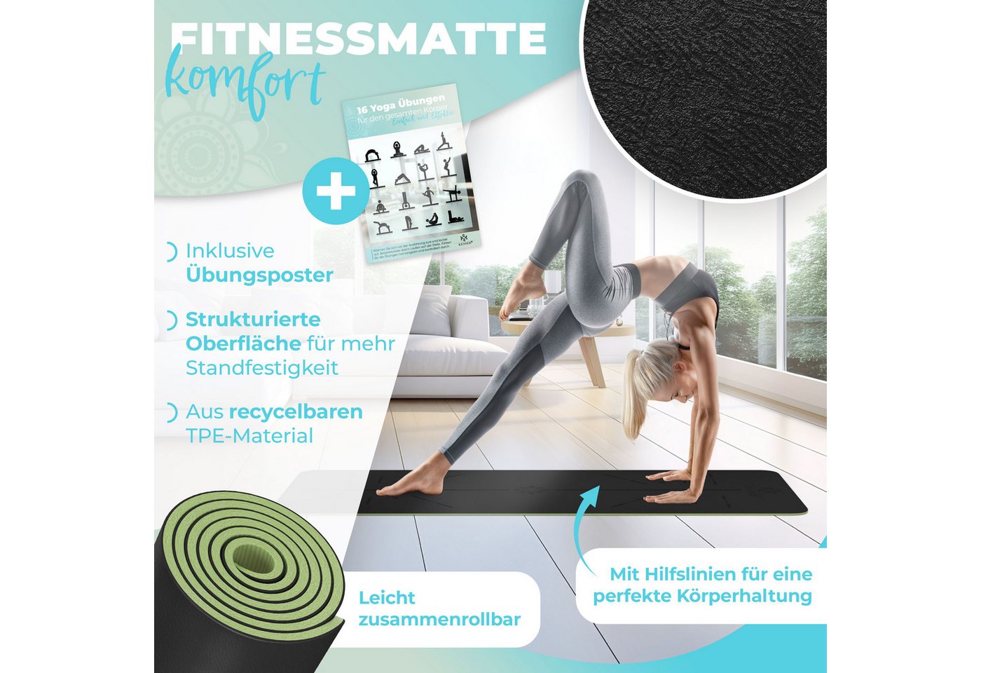 KESSER Gymnastikmatte TPE Rutschfest Größe 183 x 61 cm Farbe Schwarz Hellgrün