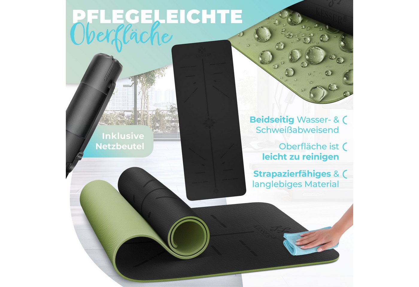 KESSER Gymnastikmatte TPE Rutschfest Größe 183 x 61 cm Farbe Schwarz Hellgrün Bild 2