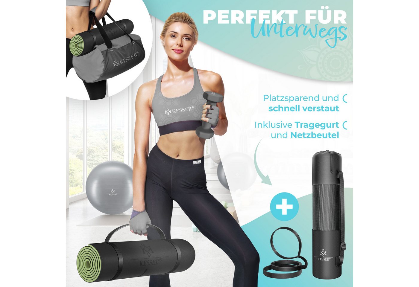 KESSER Gymnastikmatte TPE Rutschfest Größe 183 x 61 cm Farbe Schwarz Hellgrün Bild 3