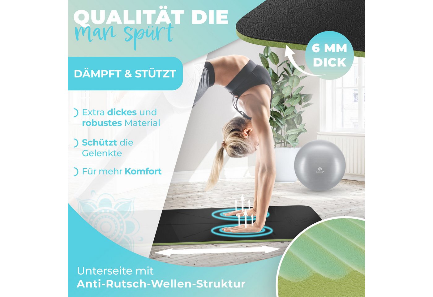 KESSER Gymnastikmatte TPE Rutschfest Größe 183 x 61 cm Farbe Schwarz Hellgrün Bild 4