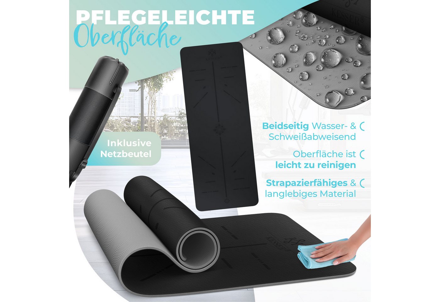 KESSER Gymnastikmatte TPE Rutschfest Größe 183 x 61 cm Farbe Schwarz