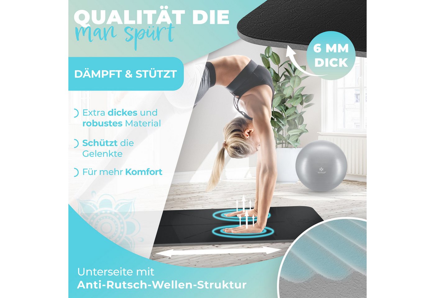KESSER Gymnastikmatte TPE Rutschfest Größe 183 x 61 cm Farbe Schwarz Bild 3