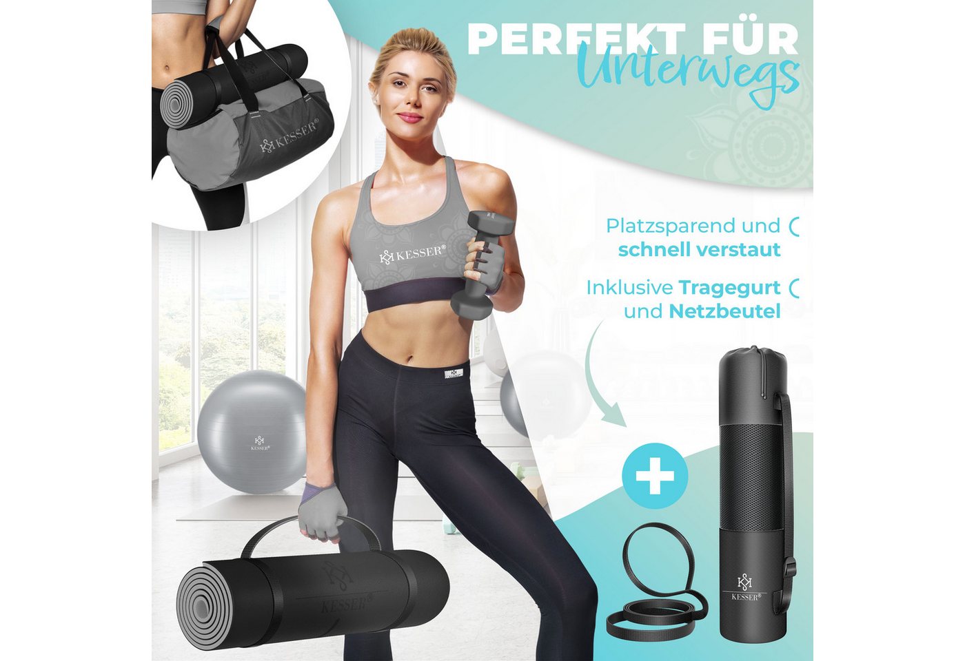 KESSER Gymnastikmatte TPE Rutschfest Größe 183 x 61 cm Farbe Schwarz Bild 4