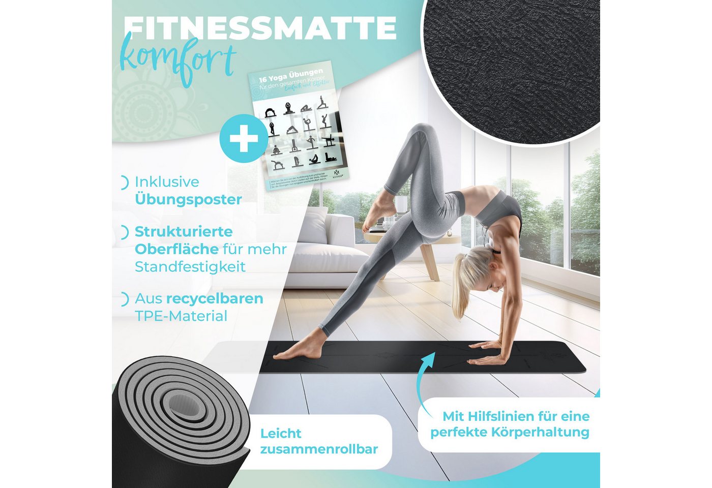 KESSER Gymnastikmatte TPE Rutschfest Größe 183 x 61 cm Farbe Schwarz Bild 5