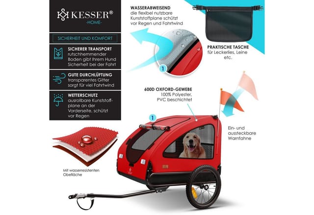 KESSER Hundeanhänger Boxer 2 In 1 Volumen 250, Bis 45 kg Rot und Schwarz