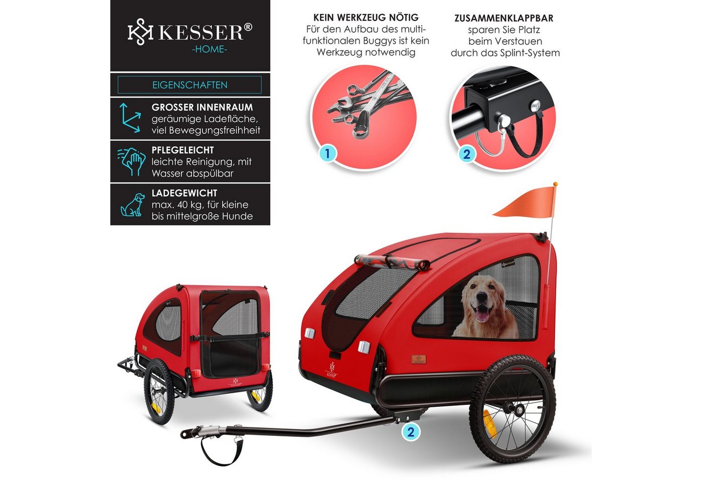 KESSER Hundeanhänger Boxer 2 In 1 Volumen 250, Bis 45 kg Rot und Schwarz Bild 2