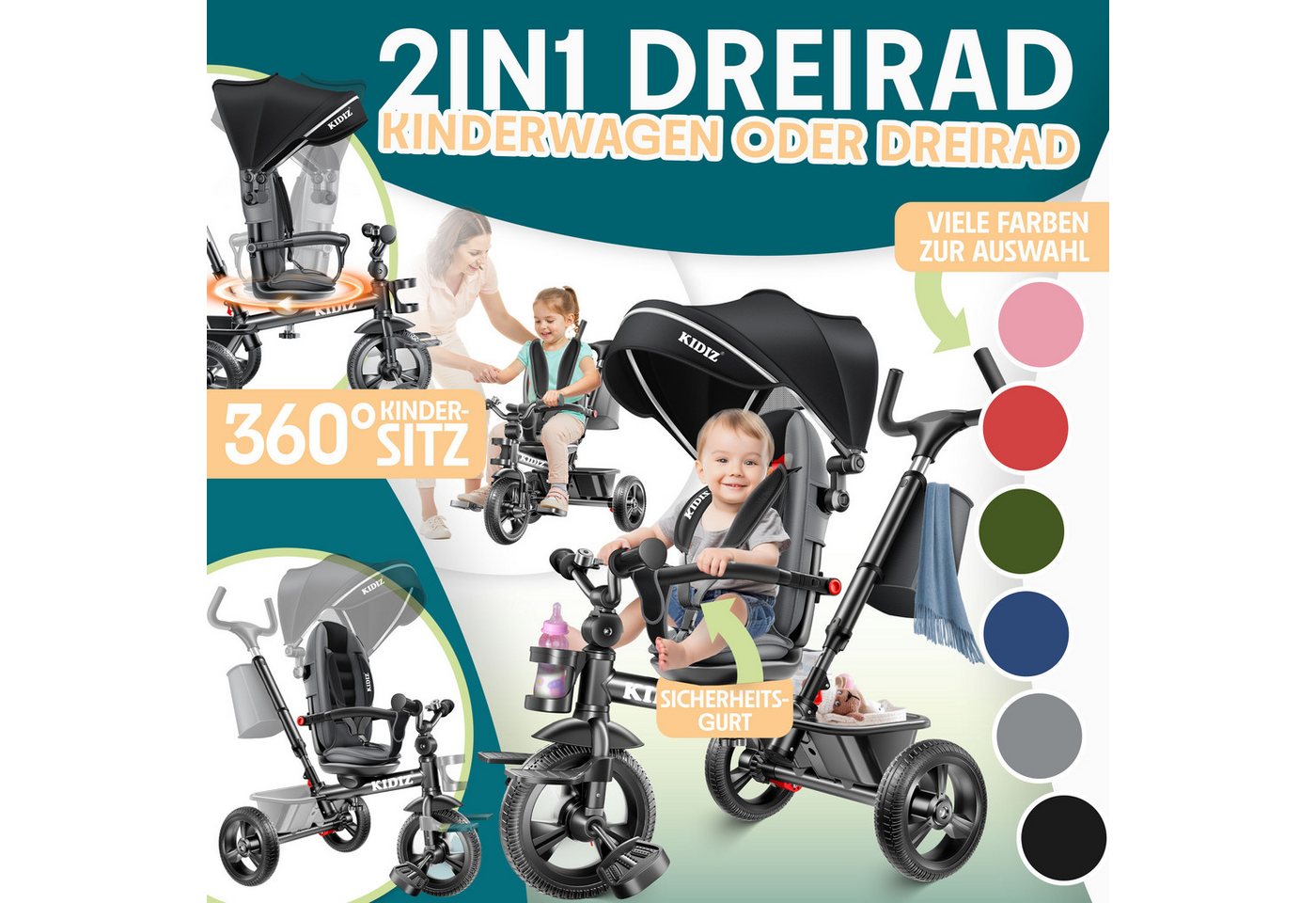 KIDIZ Dreirad 5in1 Kinderdreirad mit Schubstange und Korb Ab 1 Jahr Schwarz Bild 2