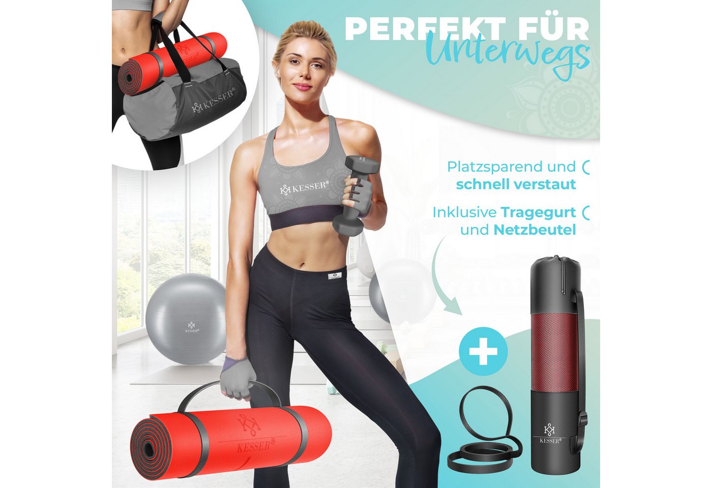 KESSER Gymnastikmatte TPE Rutschfest Größe 183 x 61 cm Farbe Rot Schwarz
