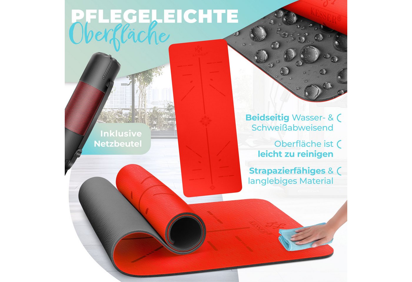 KESSER Gymnastikmatte TPE Rutschfest Größe 183 x 61 cm Farbe Rot Schwarz Bild 2