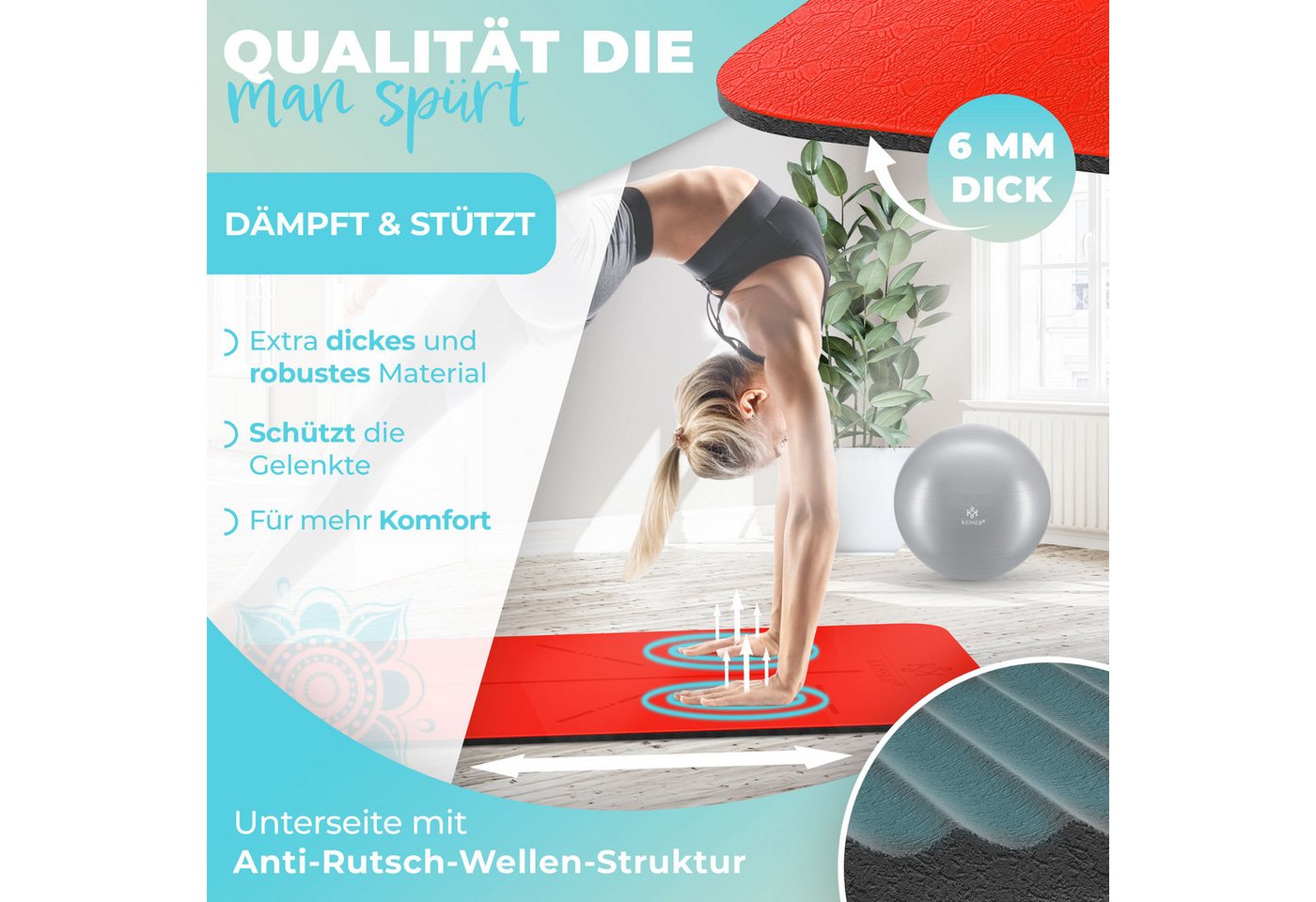 KESSER Gymnastikmatte TPE Rutschfest Größe 183 x 61 cm Farbe Rot Schwarz Bild 4