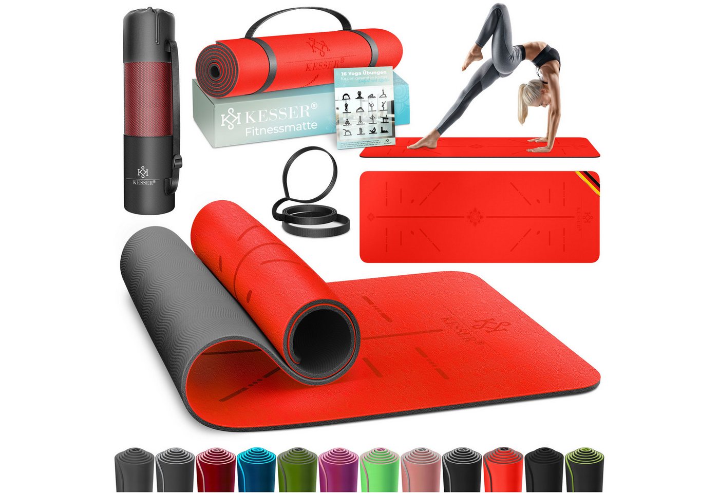 KESSER Gymnastikmatte TPE Rutschfest Größe 183 x 61 cm Farbe Rot Schwarz Bild 5