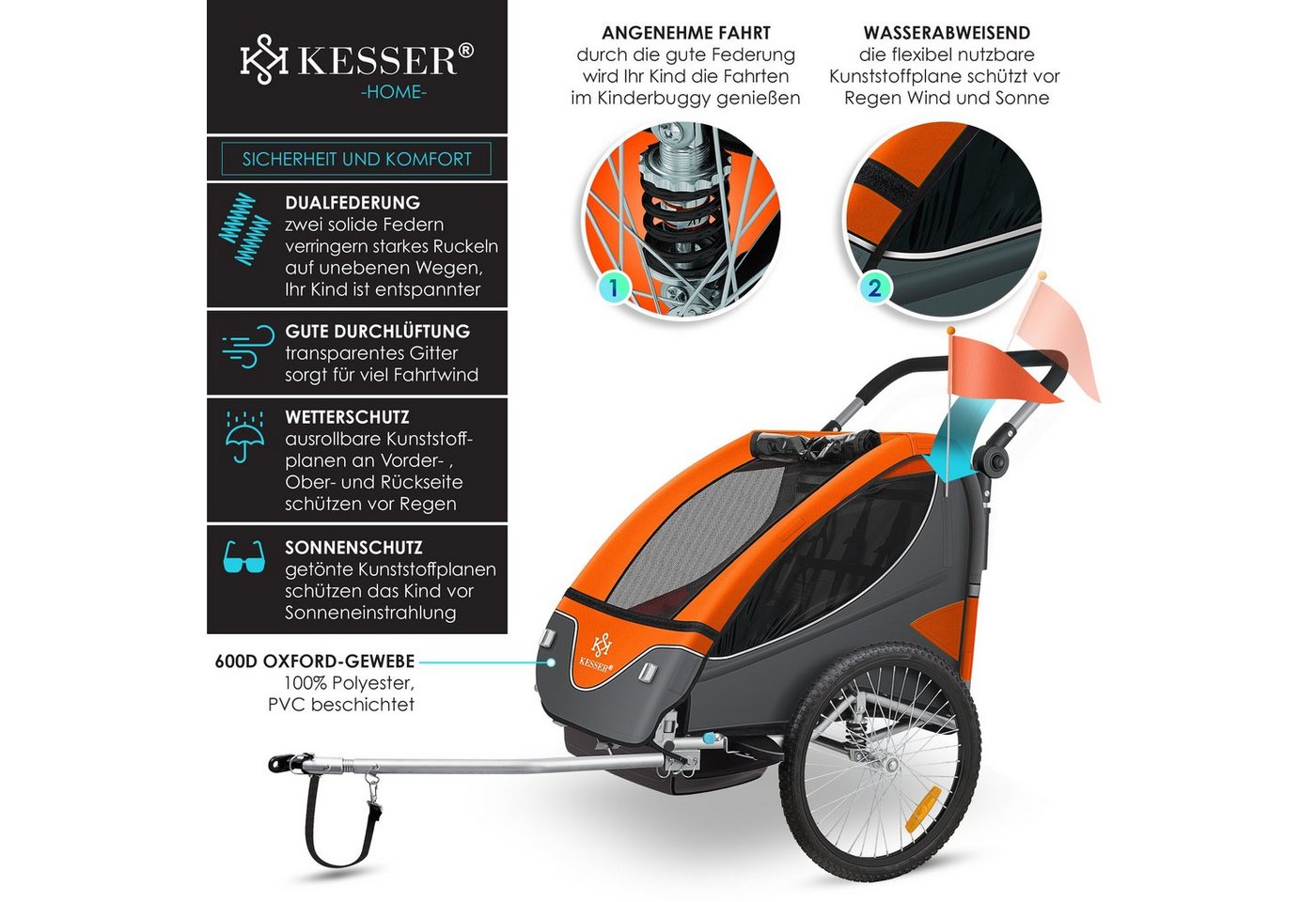KESSER Kinder-Fahrradanhänger 2 In 1 mit Federung und 5-Punkt-Gurt Orange Bild 5