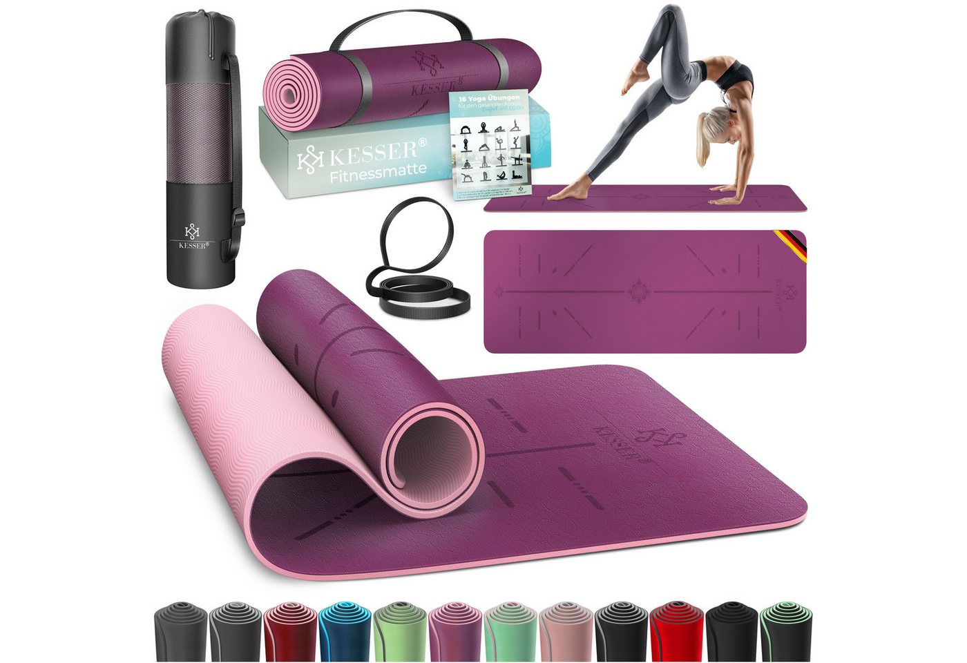 KESSER Gymnastikmatte TPE Rutschfest Größe 183 x 61 cm Farbe Lila