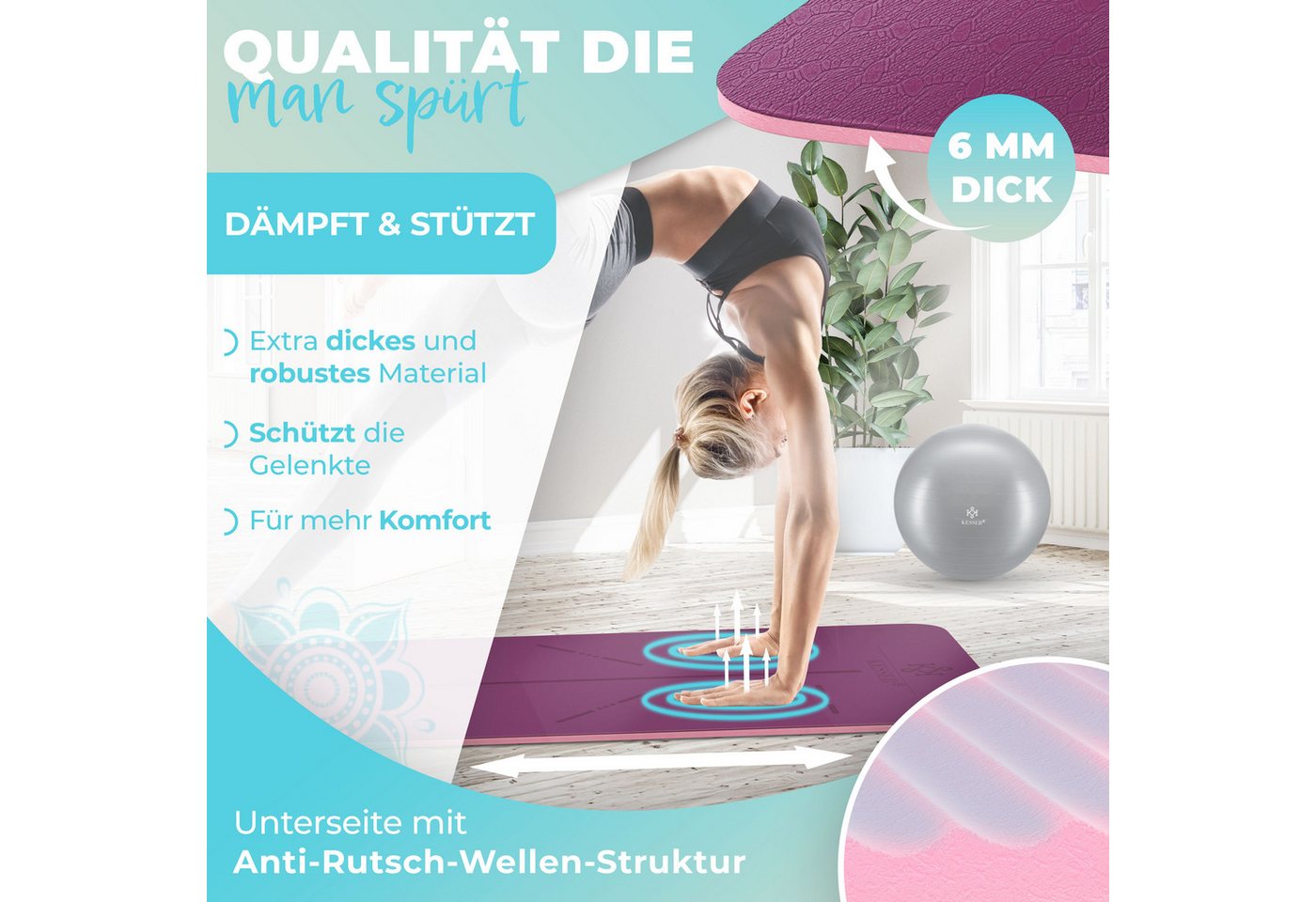KESSER Gymnastikmatte TPE Rutschfest Größe 183 x 61 cm Farbe Lila Bild 4