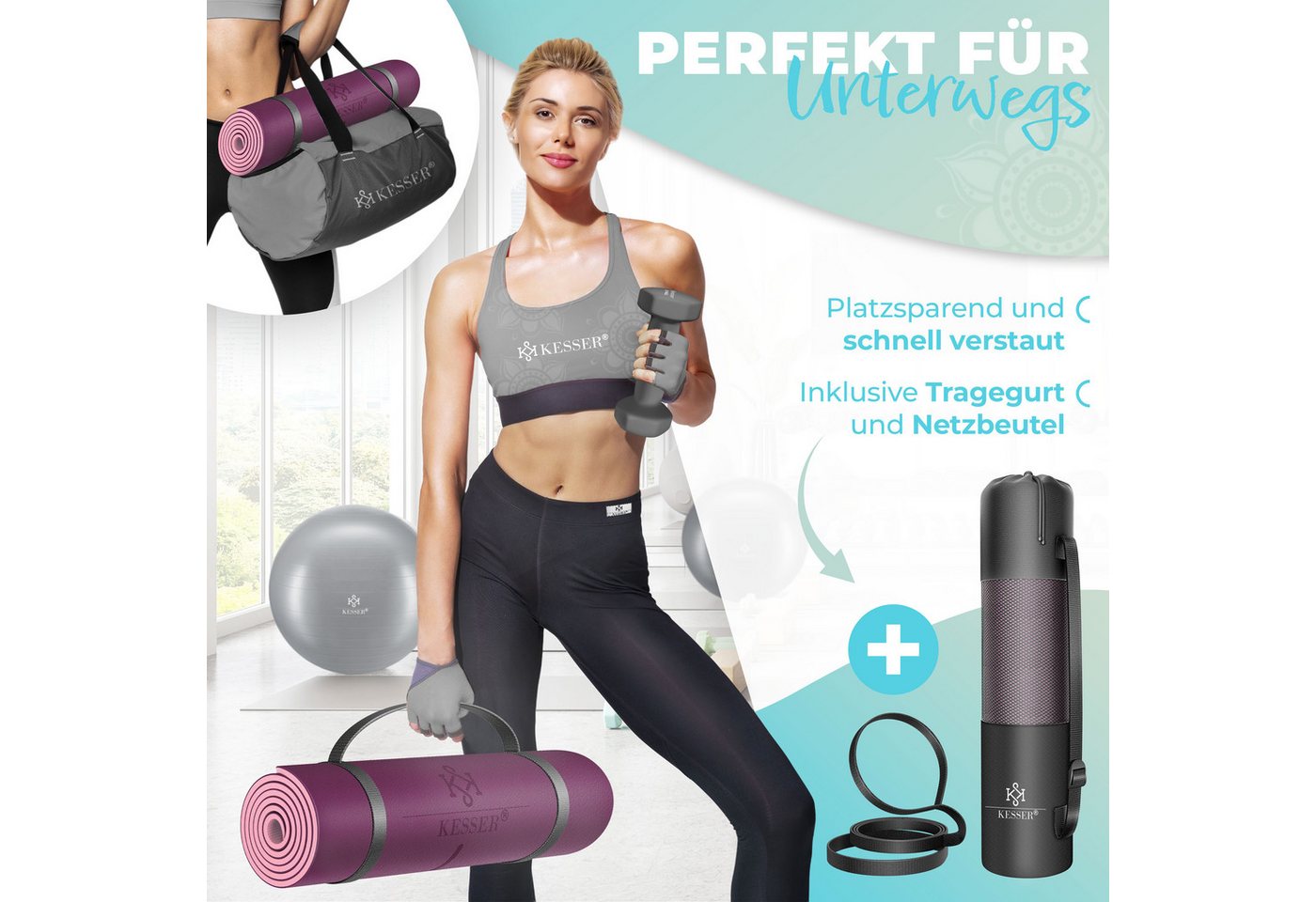 KESSER Gymnastikmatte TPE Rutschfest Größe 183 x 61 cm Farbe Lila Bild 5