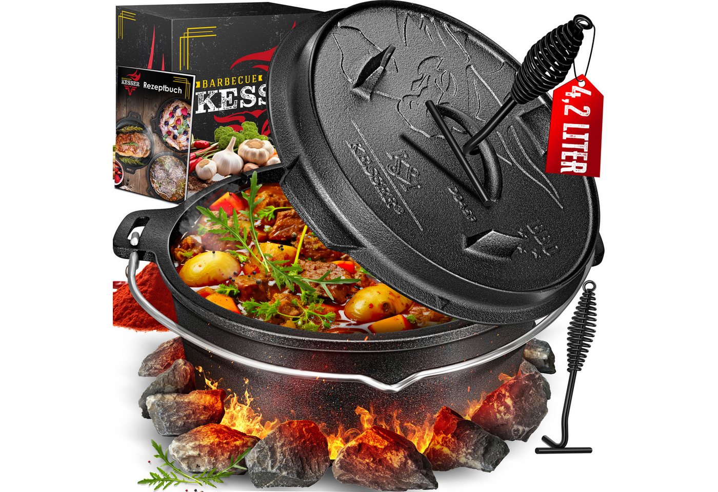 KESSER Dutch Oven Set Gusseisen mit Deckel DO45P 4.2, mit Füßen