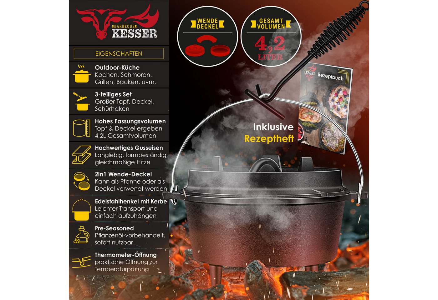 KESSER Dutch Oven Set Gusseisen mit Deckel DO45P 4.2, mit Füßen Bild 2