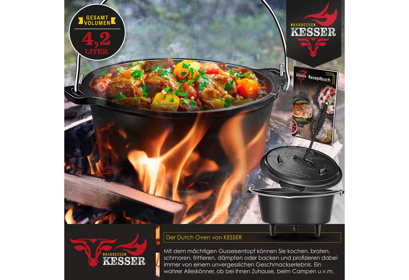 KESSER Dutch Oven Set Gusseisen mit Deckel DO45P 4.2, mit Füßen Bild 5