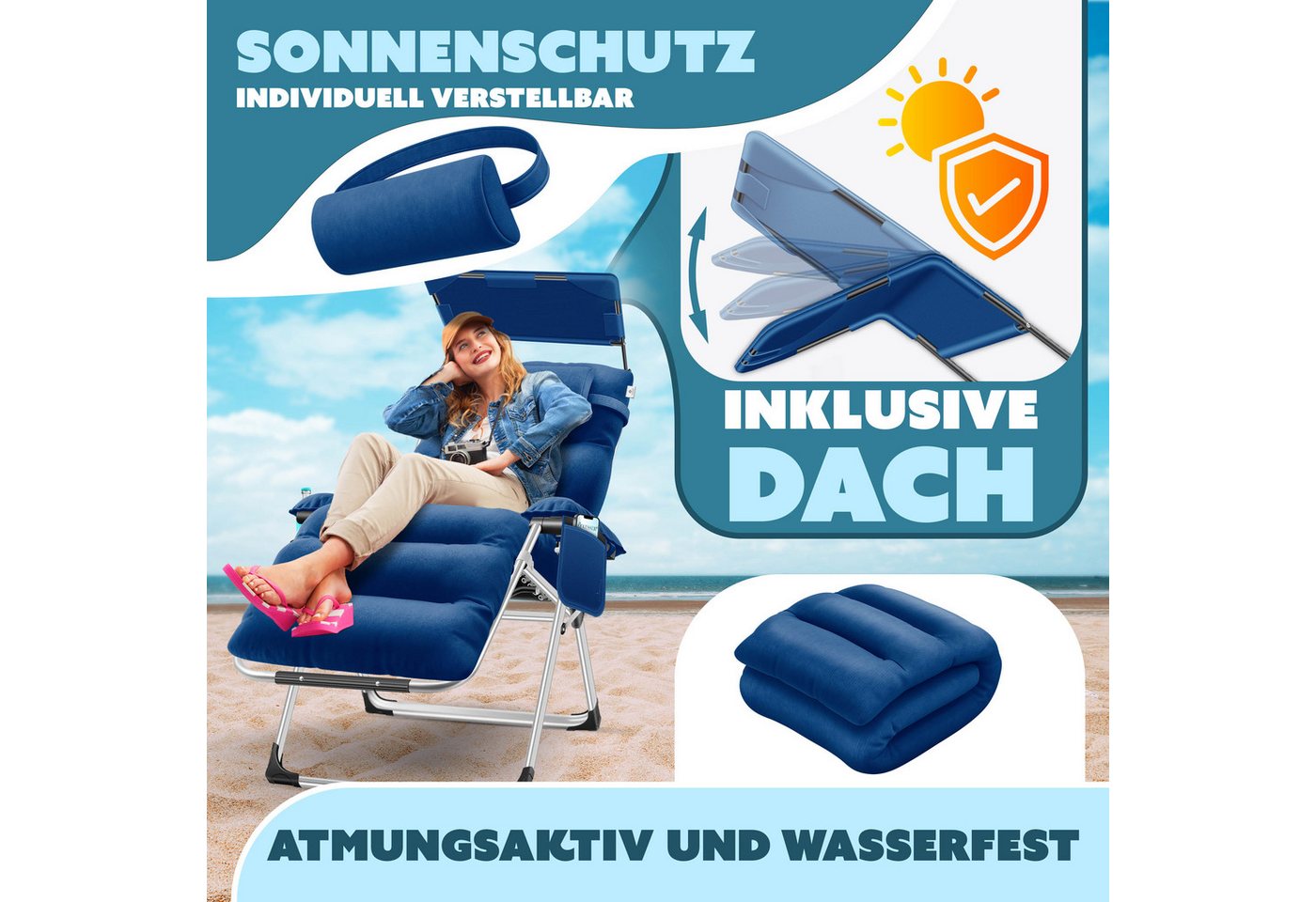 KESSER Sonnenliege Klappbar mit Sonnendach Rückenlehne Verstellbar Navyblau Bild 3