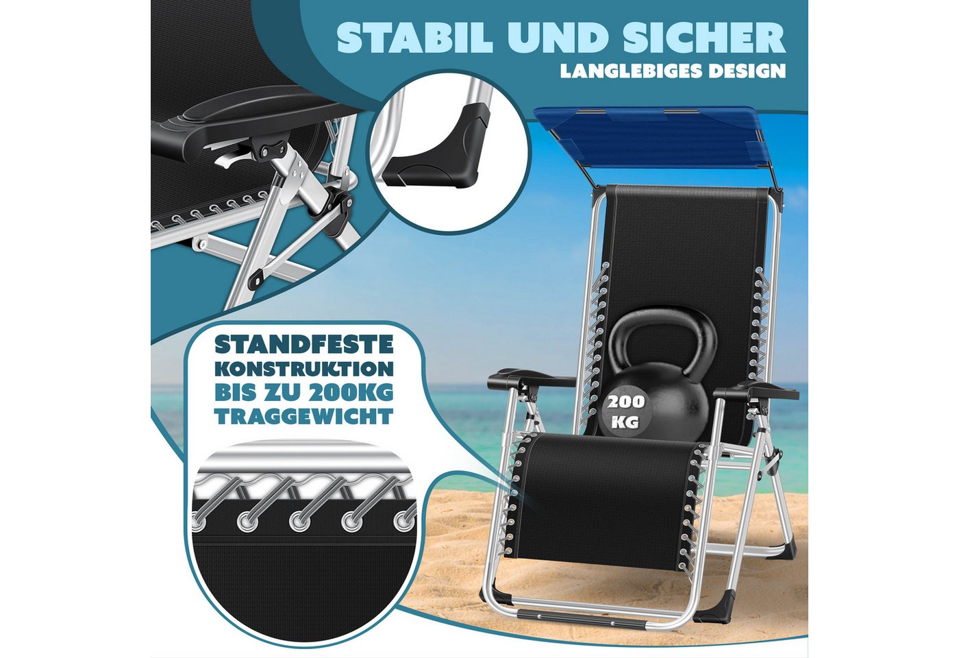 KESSER Sonnenliege Klappbar mit Sonnendach Rückenlehne Verstellbar Navyblau Bild 4